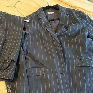 Linen Navy Pinstripe Two-Piece Suit Jacket and Wide Leg Pants